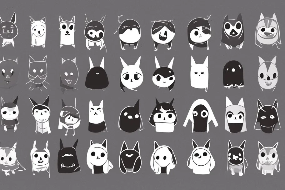 6 simple shaped hand drawn cartoon characters that are cute dark and have hoodies