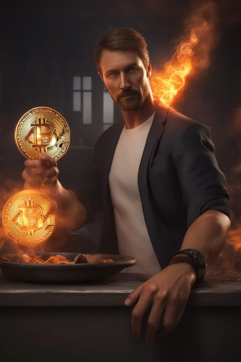 A man holds out his inner forearm where he has just received an iron brand mark of bitcoin. It's still hot and sizzling, hyper realistic, 8k, chaos