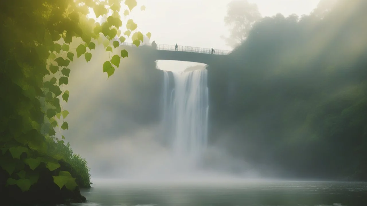 Cinematic slow motion: waterfall flowing in background, mist rising, river water rippling and reflecting, ivy leaves gently swaying on the yellow building, birds flying slowly in sky, subtle parallax camera push-in toward the bridge