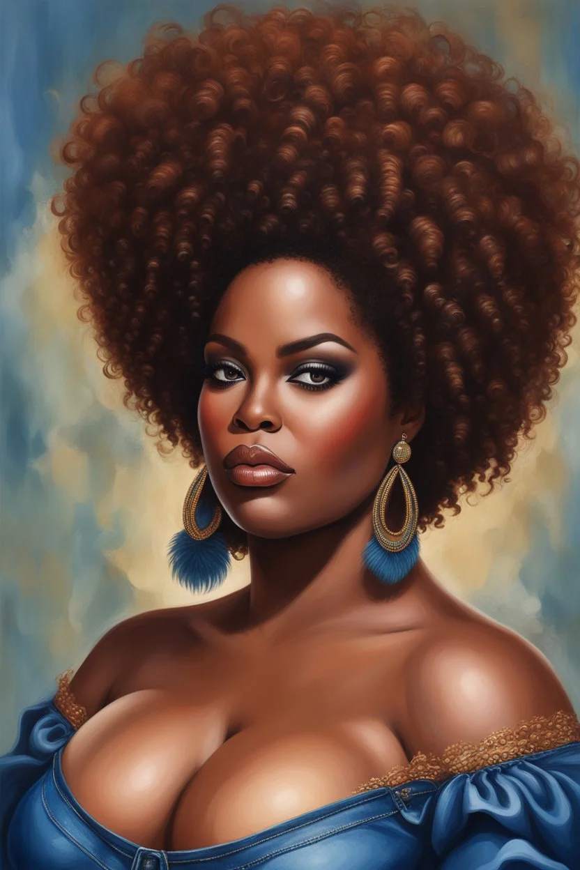 create a oil painting illustration of a plus size dark skinned black female wearing Tight blue jeans and a hazel brown off the shoulder blouse. Prominent make up with long lashes and hazel eyes. She is wearing brown feather earrings. Highly detailed full black tight curl afro