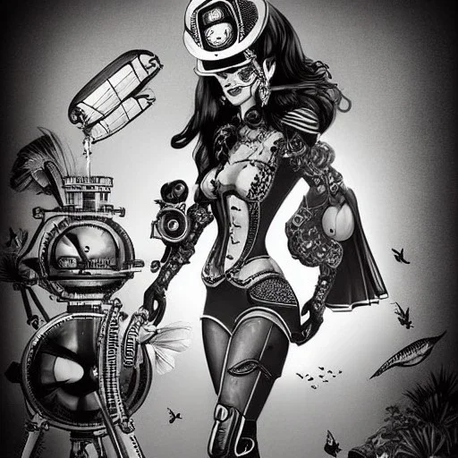 great illustrator, spanish, pencil sketch of a cute girl, beautiful, steampunk syle, black and white. Helmet with tubes. venetian mask. Machinery in the background. robotic birds flying. High details.