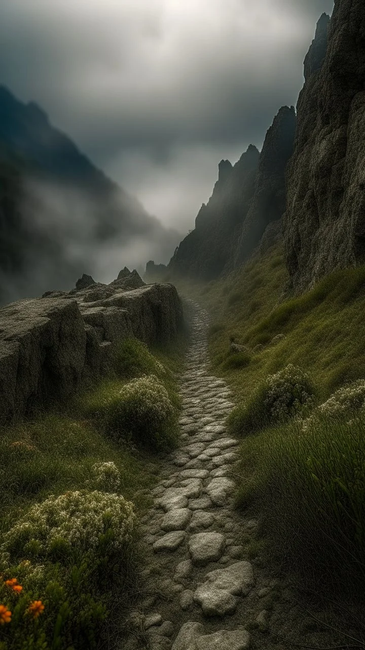 narrow stone path above the ground gradually getting higher into the clouds no railings, dangerous drop people in black leathers medievil period weather is wet spiraling into the clouds fantasy, a mountain with waterfall showing in the background