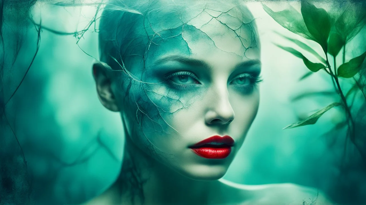 old retro photograph, light vignette, faded, worn and cracked, double exposure, surrealism, female humanoid from another world, red lips, half body, greenish blue pale transparent glowing skin, bald head, plants growing out of head, tattoo on head, alien transparent eyes, double exposure, hyperdetail, double exposure, Anna Razumovskaya, Anna Dittmann, Luis Royo, Neo-impressionism, expressionism, oil painting. Bold, detailed and textured brushstrokes reminiscent of Royo and Peter Coulson. Deep co