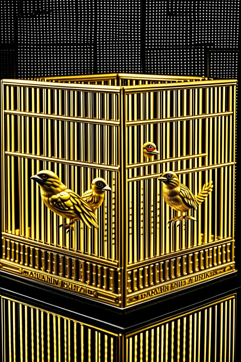 babylon reprsented by gold twitter bird logo captured in a caged box in a prioson box guarded by storm troopers