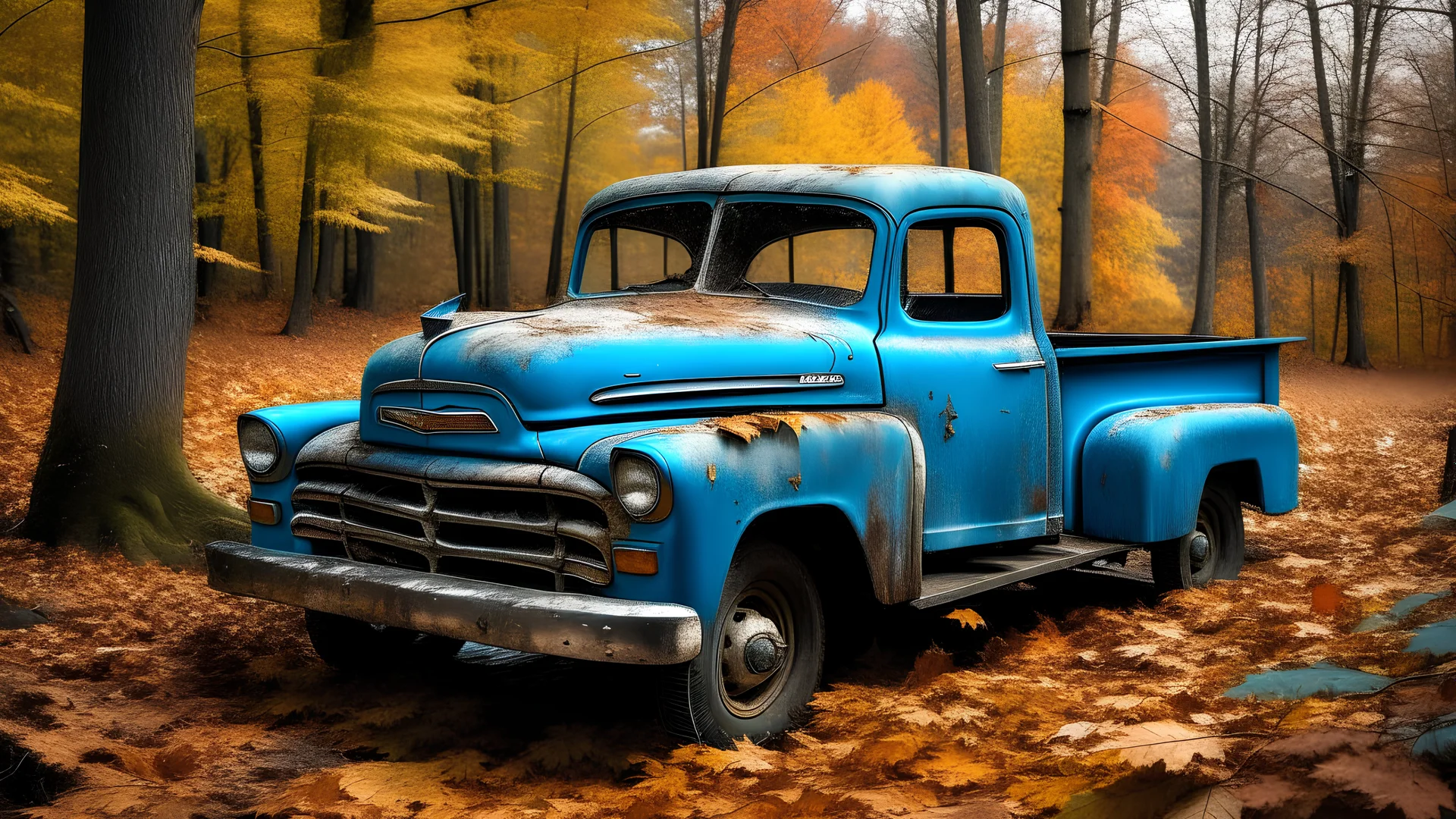 An old, rusty blue pickup truck parked in a forest with fallen autumn leaves on the ground. The truck appears to be an antique model from the mid-20th century, with a worn and weathered exterior. The background features a mix of bare trees and some remaining fall foliage