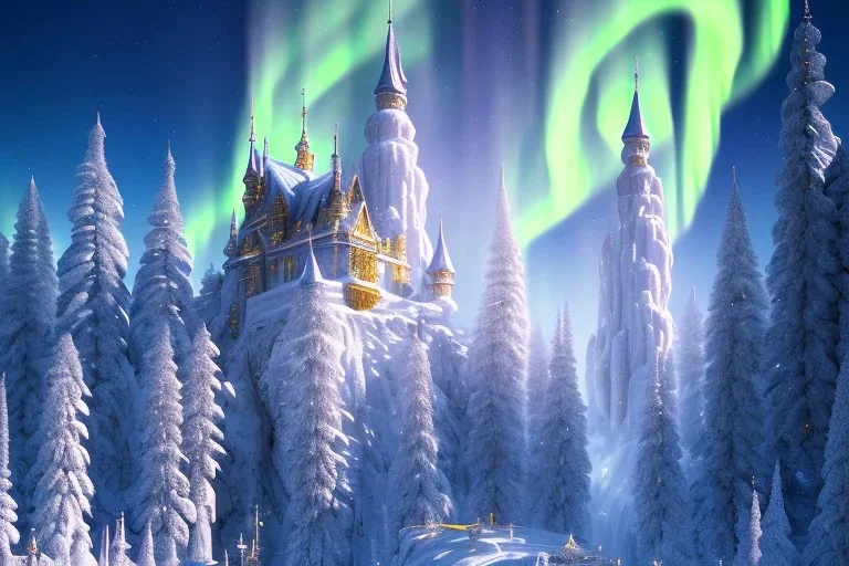  white and gold crystal castle，waterfall, winter snow flakessnow, northern Lights, full of details, smooth, bright sunshine，soft light atmosphere, light effect，vaporwave colorful, concept art, smooth, extremely sharp detail, finely tuned detail, ultra high definition, 8 k, unreal engine 5, ultra sharp focus