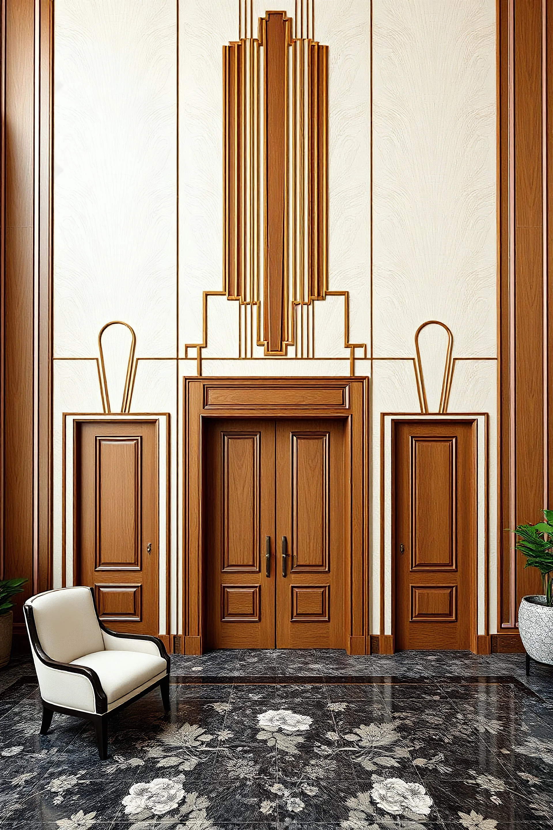 art deco style wall paneling with doors for double height multiplex