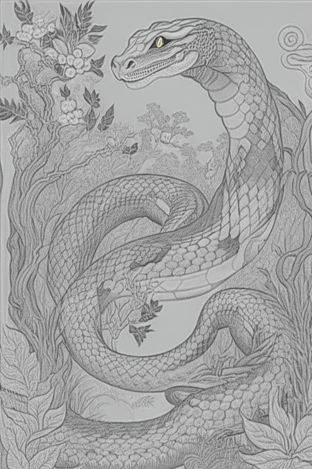 coloring book page of a magical snake, monochrome, black and white, sharp, sketch drawing