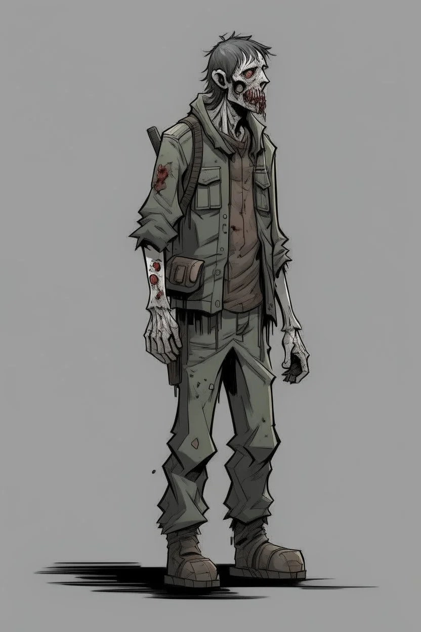 zombie, full body, profile ,comic book, post-apocalypse, gray background,