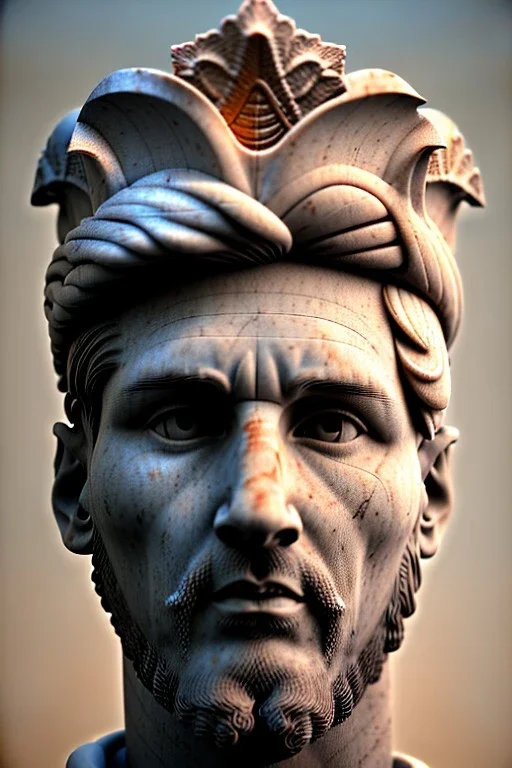 Ultra Realistic image, Roman sculpture, white marble material, Lionel Messi, gold Laurel leaves wreath, renaissance ornaments, chisel style, waist up portrait, epic, celestial, cinematic lighting, God light, god rays, 4k resolution, smooth details, ornate details, soft lighting, unreal engine 5, marble background.