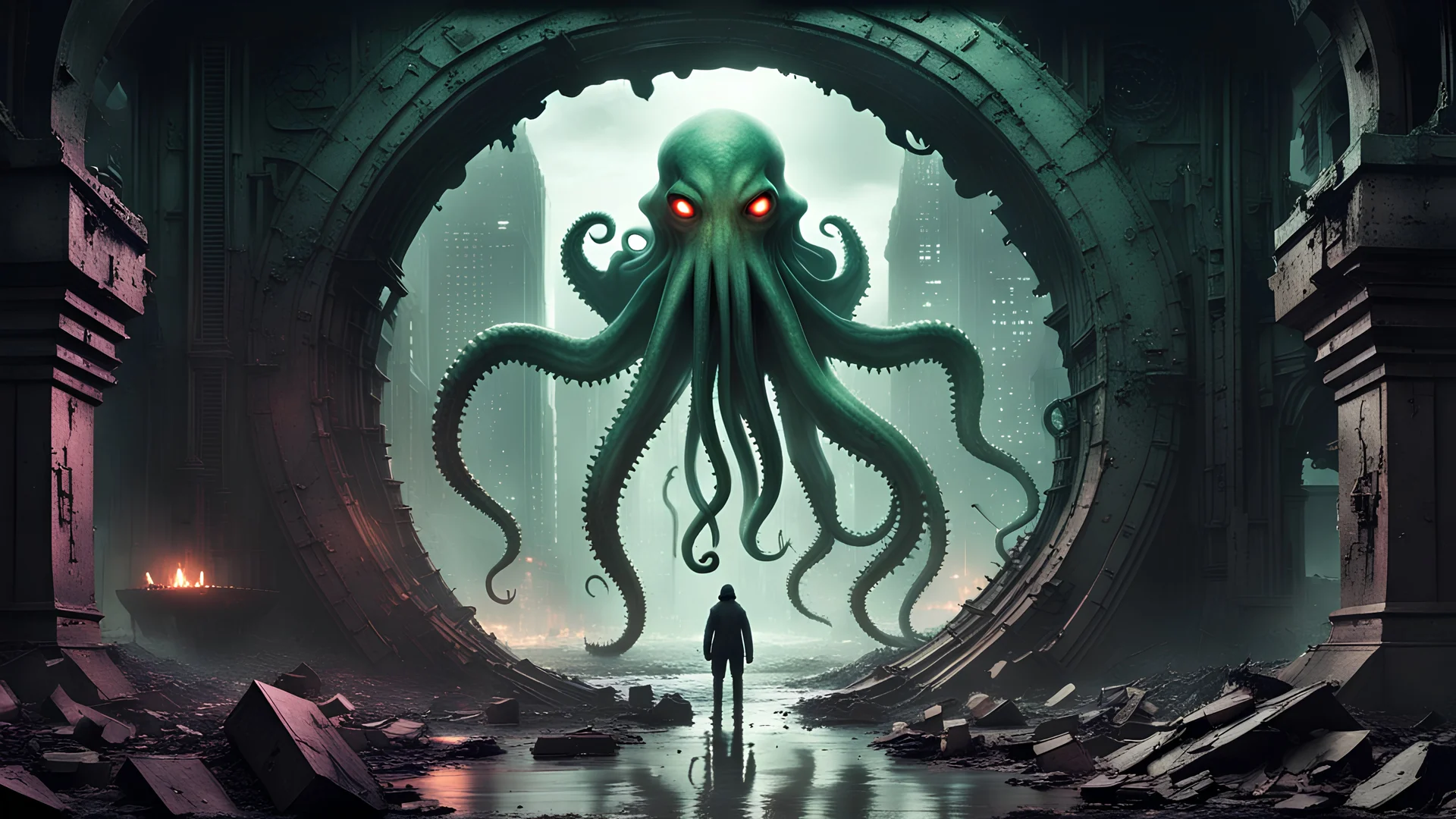 Please generate an image with CTHULU stepping through a portal in a ruined city and add a Cyberpunk flair. Make sure this image is ultimately epically awesome