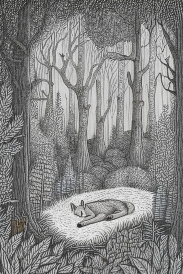 in the style of Henry Justice Ford, a drawing of a forest in which a fox sleeps