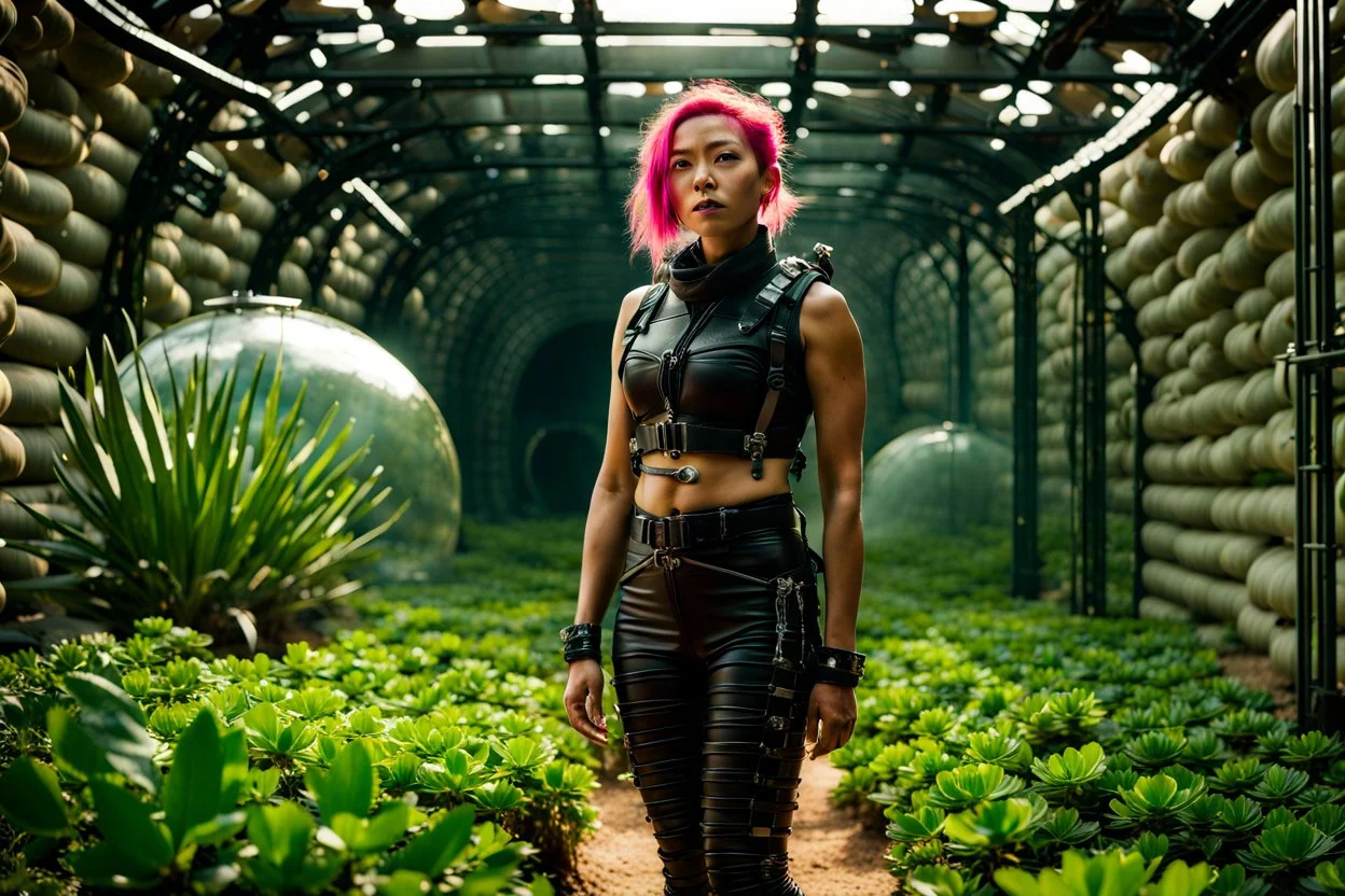 Unground solar punk tunnels, cinematic, dof background a, dystopian, sci-fi, award winning, Yui in a garden, National Geographic, breath taking, oxygen farm but outside is a desert