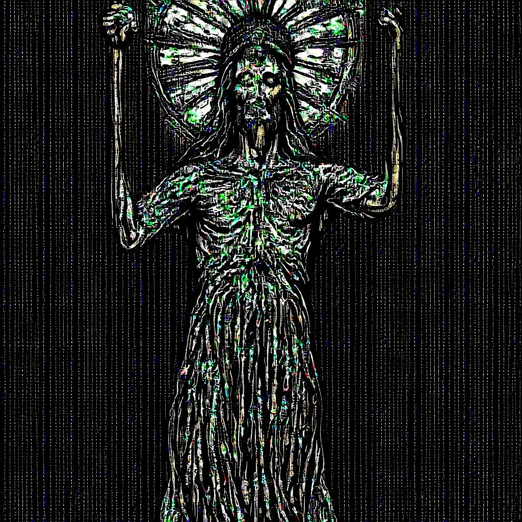 crucified christ liberty hybrid tone, woodcut, engraved, wall street journal style, statue of cruicified Jesus of Liberty with a beard and wearing a cross and hanging from a cross, The statue male, hyperdetailed intricately detailed photoillustration ink drawing dystopian 8k resolution entire body of the statue is in the picture. digital illustration telephoto lens photography , same colors as the us treasury's one dollar bill, crucified"