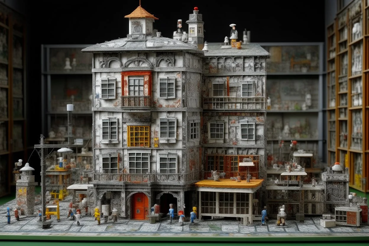 A gray factory made out of toys designed in German folk art painted by Claude Monet
