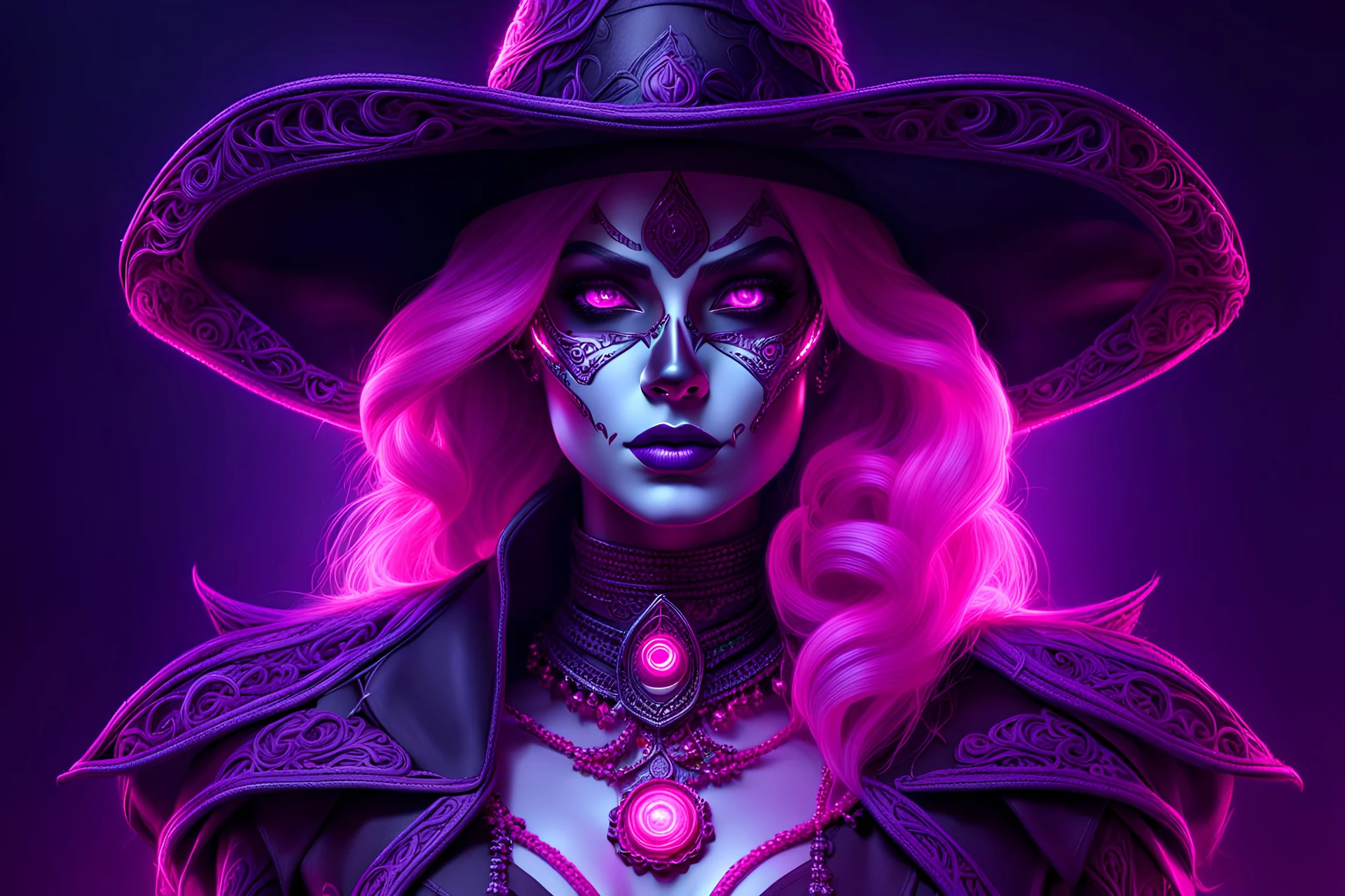 Witch of skeletons in 8k sci-art drawing style, pink skin, purple glowing eyes, the which custom, howdy, neon effect, intricate details, highly detailed, high details, detailed portrait, masterpiece,ultra detailed, ultra quality