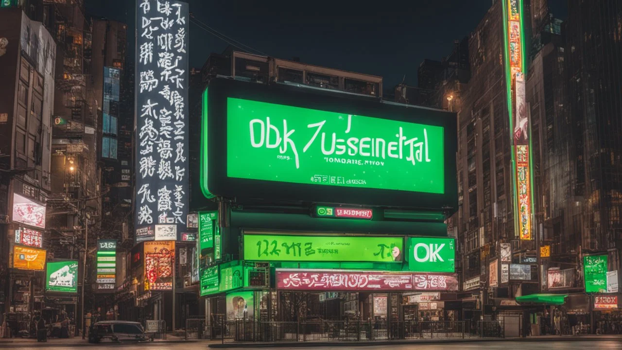 a billboard branded writing ODK Tokusentai , with neon light green and white , in the city center, at night . At Montréal