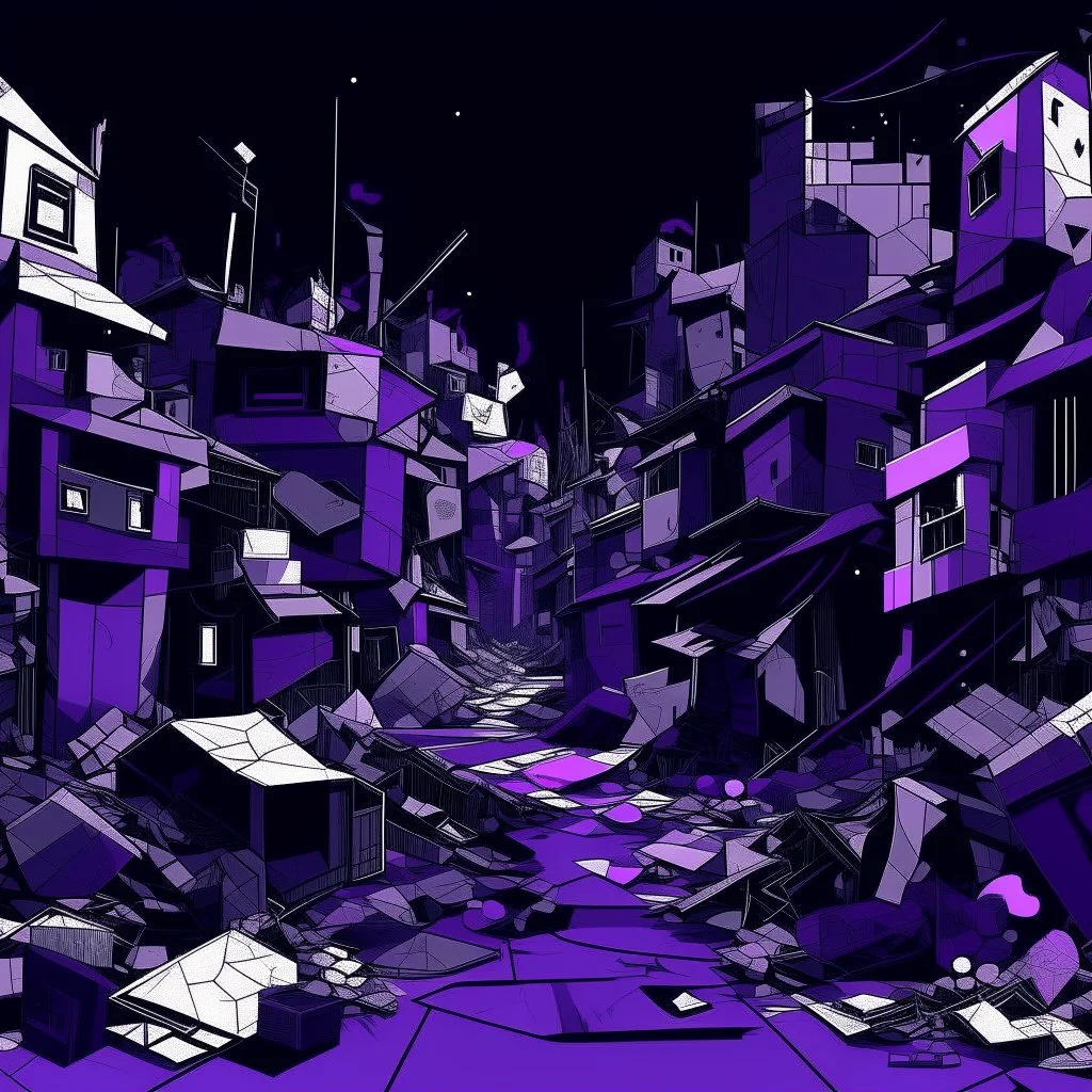 A dark purple district covered in trash in Constructivism art style