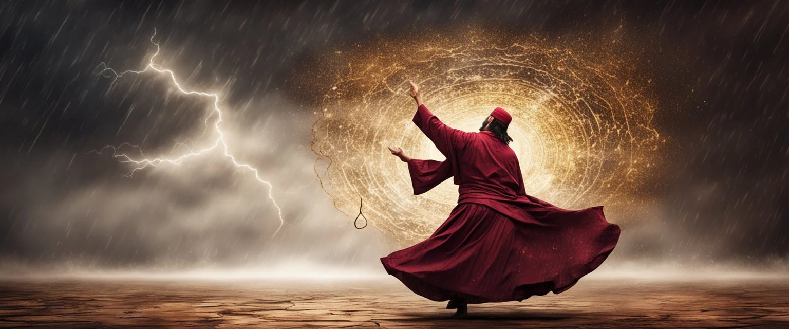 Hyper Realistic Sufi Whirling with Golden & Maroon Islamic Sufi Rustic Grungy Background with thunderstorm at heavy rainy night