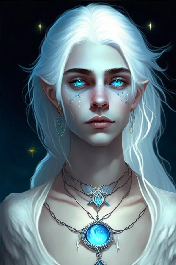 hauntingly beautiful character for dnd, young woman with white hair and blue eyes, angel, with moon necklace