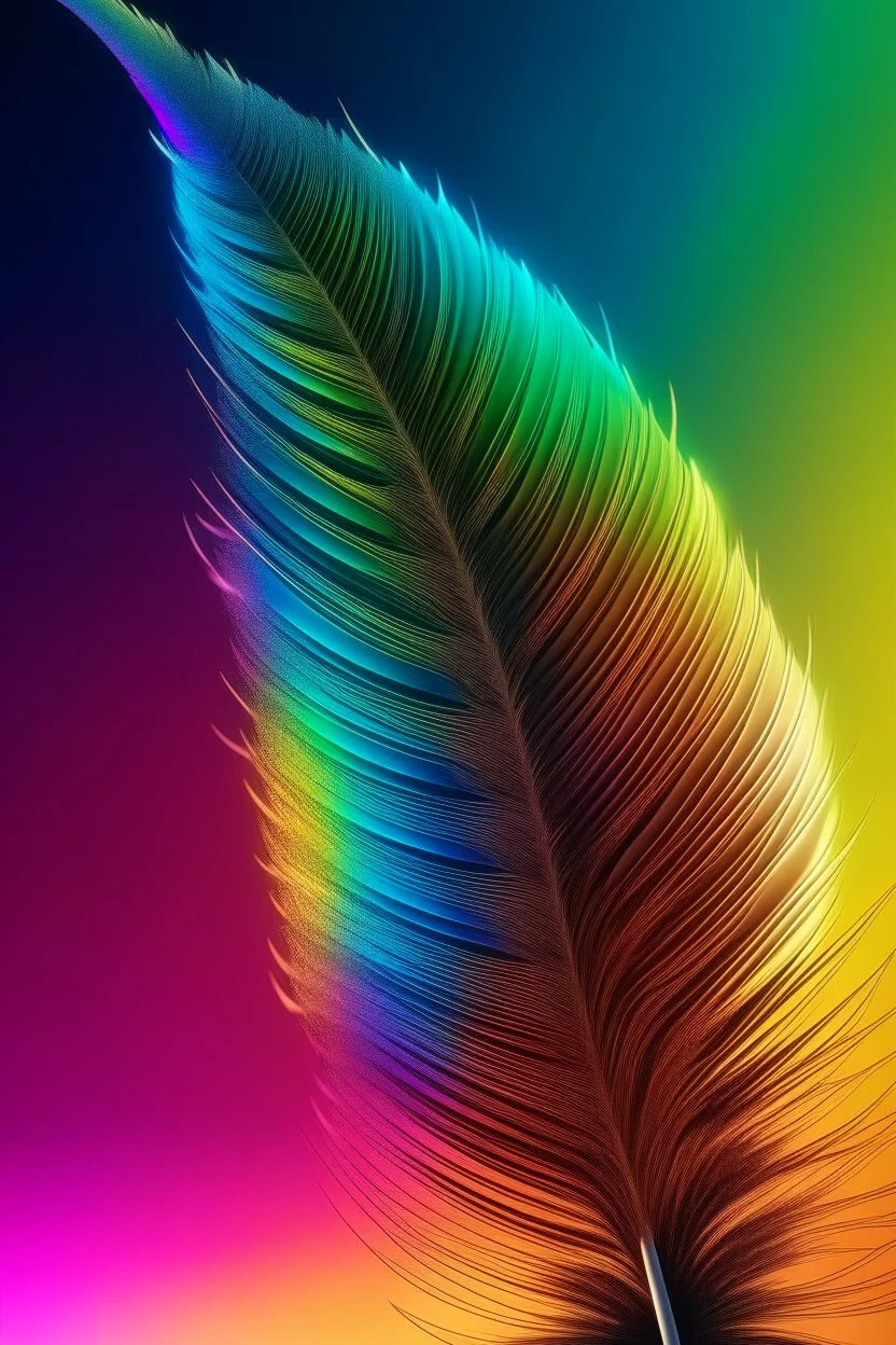 Create image of a large feather standing upright with a rainbow in the background. The right side of the feather is breaking up into tiny triangles and separating from the rest of the feather as it drifts off to the right. Highest resolution photo realistic quality, (Lumix G9II/ Olympus Pro 40-150), professional camera (zoom), edge lighting, cinematic lighting, translucency, extrusion and value change of gradient, specular attenuation and contrast 18K UHD