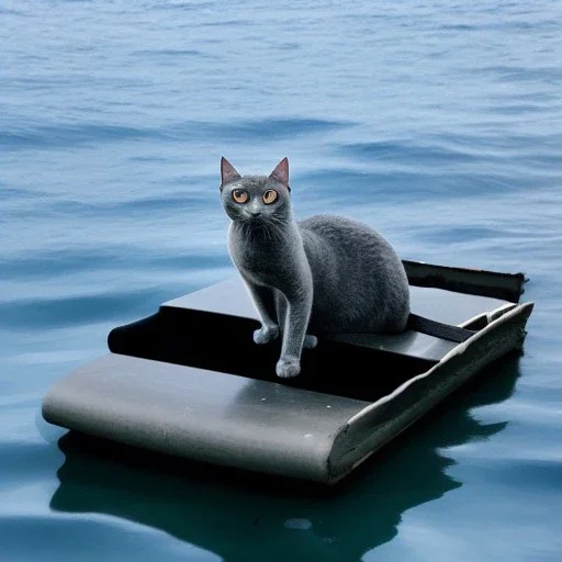 A grey cat on a raft, in the middle of an ocean