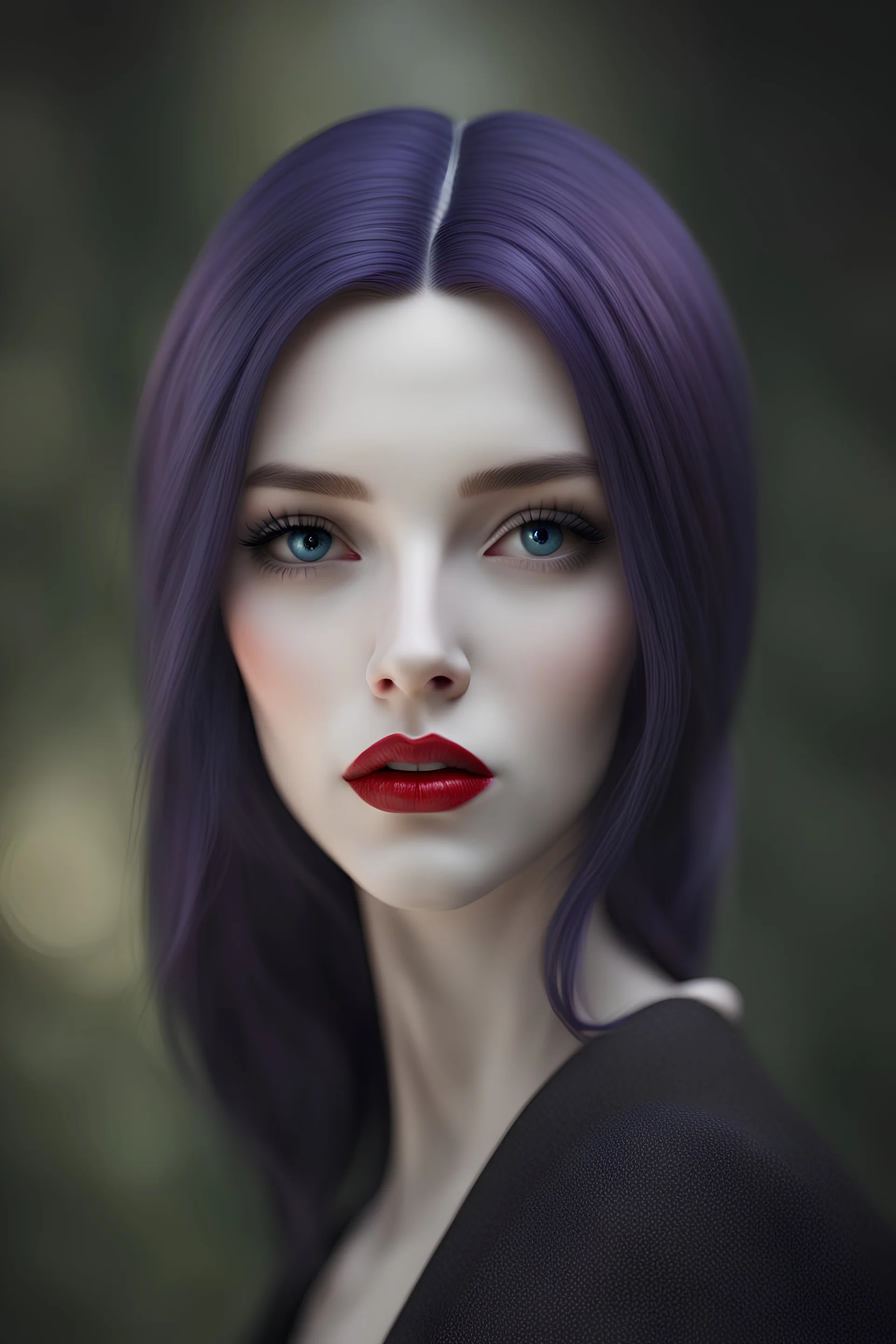 ultrarealistic, 3D, a woman's white porcelain face marked with delicate cracks, she has blue eye's, red lips, purple hair, HD