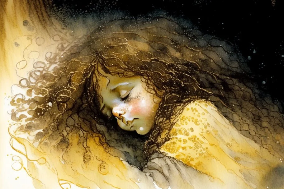 Small girl with long curly brown hair sleeping in god's hand (a big, clear hand) watercolor and ink, golden patina, glitters in ochre, backlit, mist and fog