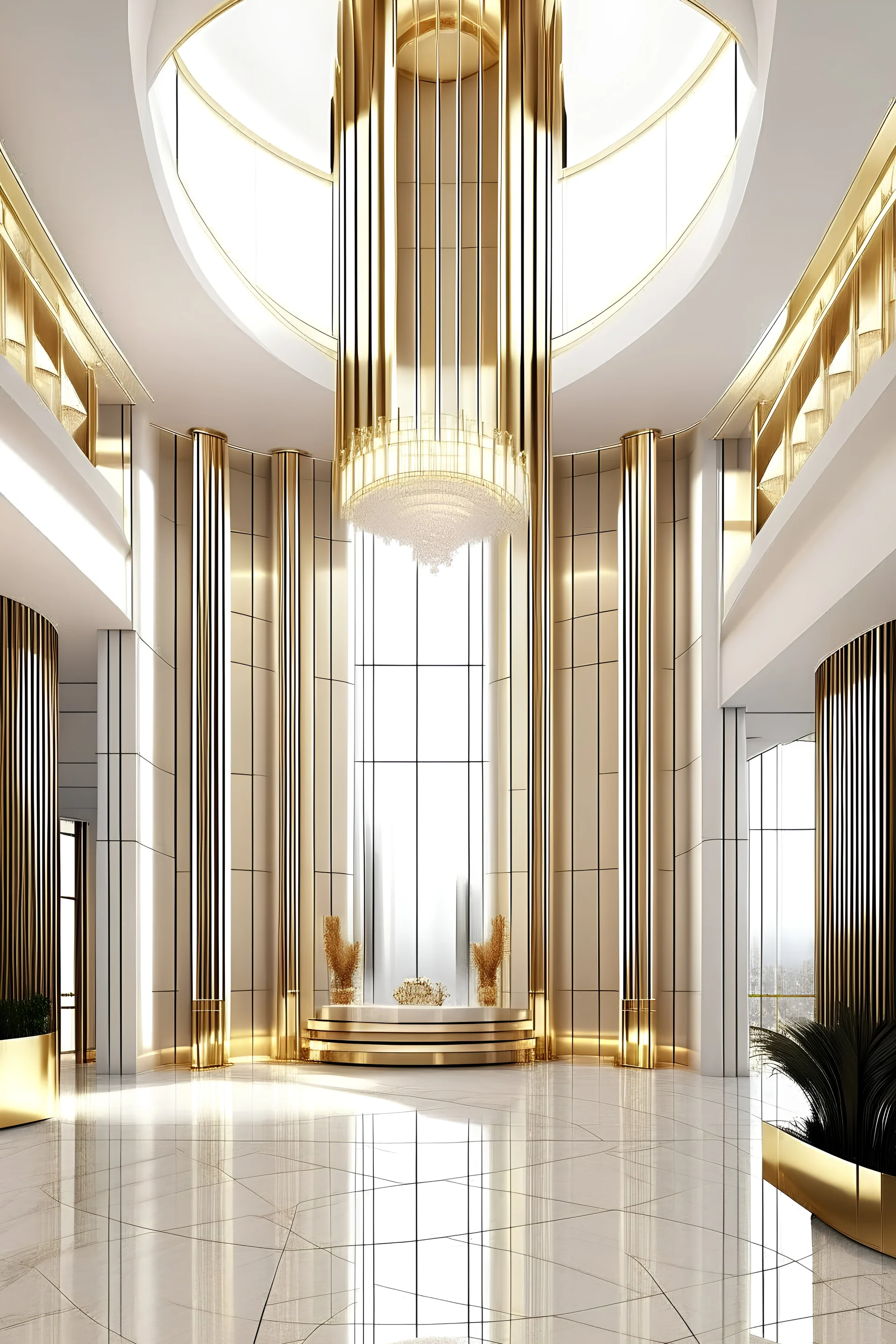 grand luxurious tower entrance lobby with white and gold modern interior theme