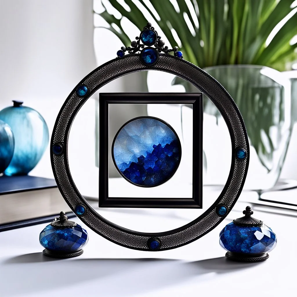 empty picture frame, round circular, dark steel, azurite crystal decorations