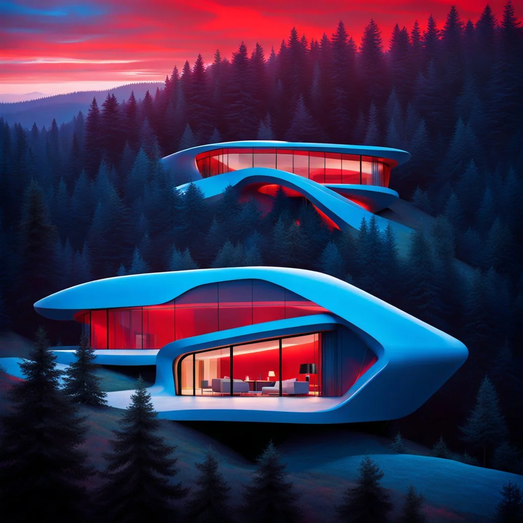 Aerial view Zaha Hadid style hill cabin, trees,digital bar, hyper-detailed, red and blue colors, 8k oil painting