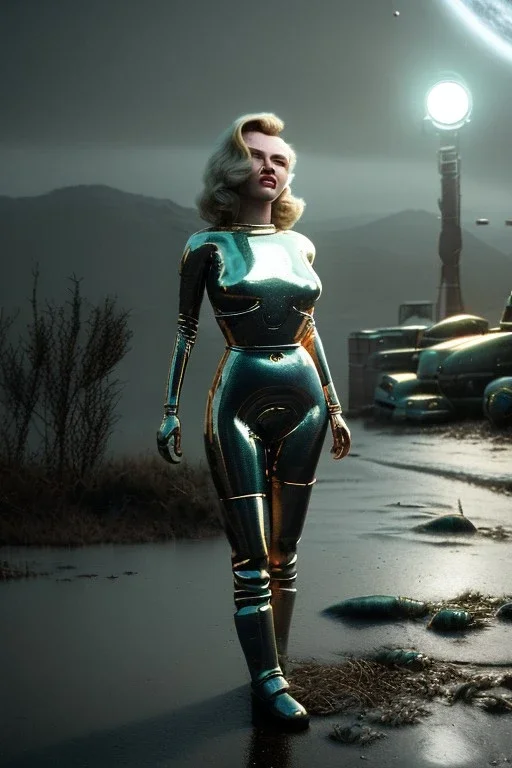 Ultra Realistic retro sci-fi scene, portrait, blonde woman, sweet young Marilyn Monroe face, perfect iris. Strange planet background, Retro sci-fi style helmet, tight latex coat, fog, rain, soft color, highly detailed, unreal engine 5, ray tracing, RTX, lumen lighting, ultra detail, volumetric lighting, 3d, finely drawn, high definition, high resolution.