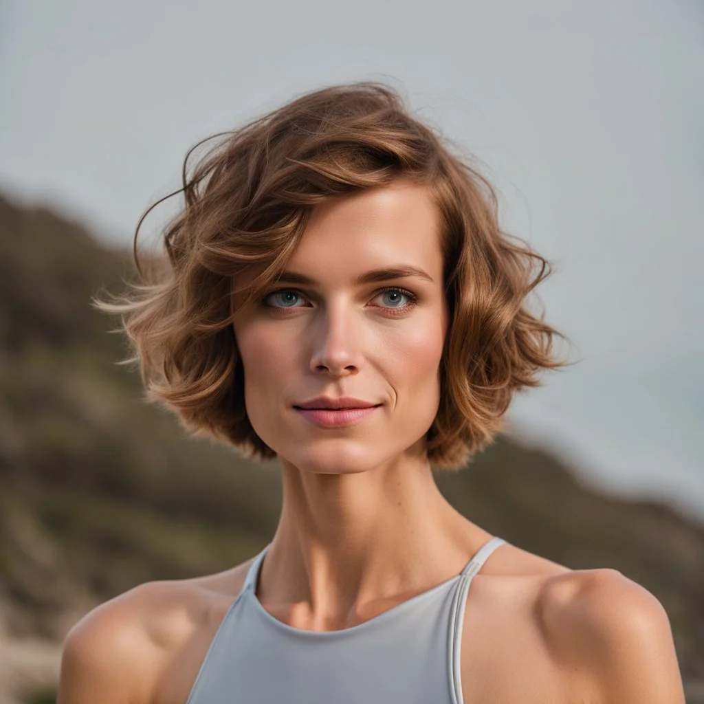 beautiful anorexic woman, standing frontal, short silver triathlon swimsuit, wavy bob haircut, photographed in front of beach, raw