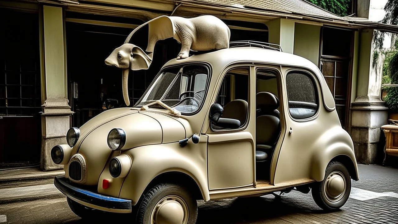 Un Fiat 600 clásico de color crema aparece completamente deformado por la presencia de un enorme elefante adulto en su interior: el techo está ligeramente elevado, las puertas permanecen abiertas y las ventanillas parecen demasiado pequeñas para contener al animal. El elefante permanece sorprendentemente tranquilo, con la cabeza asomando por el techo abierto y la trompa extendida hacia el exterior. El coche se encuentra en medio de un paisaje rural italiano, junto a una pequeña carretera y un ca