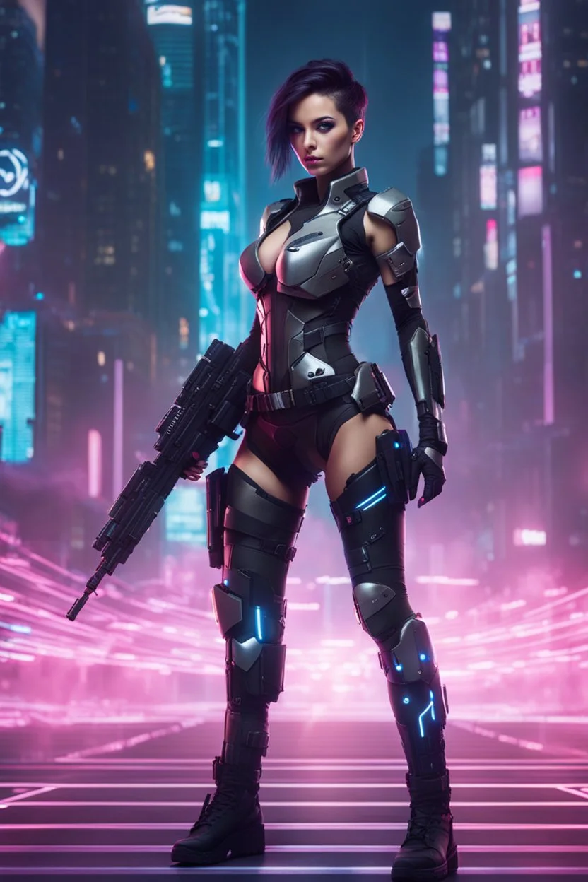 Full body image of a army cyberpunk cyborg beautiful super model girl,good body,lighting background