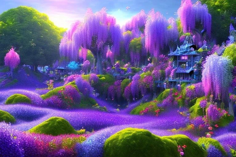 monde en fleurs, blue lake, flower tree-houses, concept art, crépuscule , fuksia bleu oranger, vibrant Color, réaliste, riviere bleu, tree-house wisteria, roses