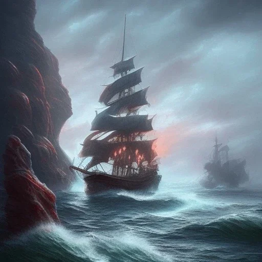 big ship from a nightmare between red rocky cliffs, book cover, fantasy art, sandy beach, water, reflection, misty, detailed