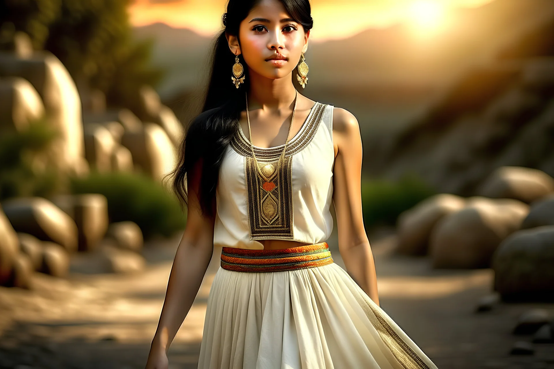 Digital art, high quality, digital masterpiece, natural illumination, spotlight, realistic, film style, beautiful, (full body:3), (1 beautiful peruvian young girl walking, wearing a Peruvian dress:3), (cute femenine face:1.8), (sexy eyes:1), tan skin, (White Peruvian dress:3), (black hair:1.8), (Round golden earrings:1.2), (Inca building at background:1.2), (Inca jungleforest:1.5)