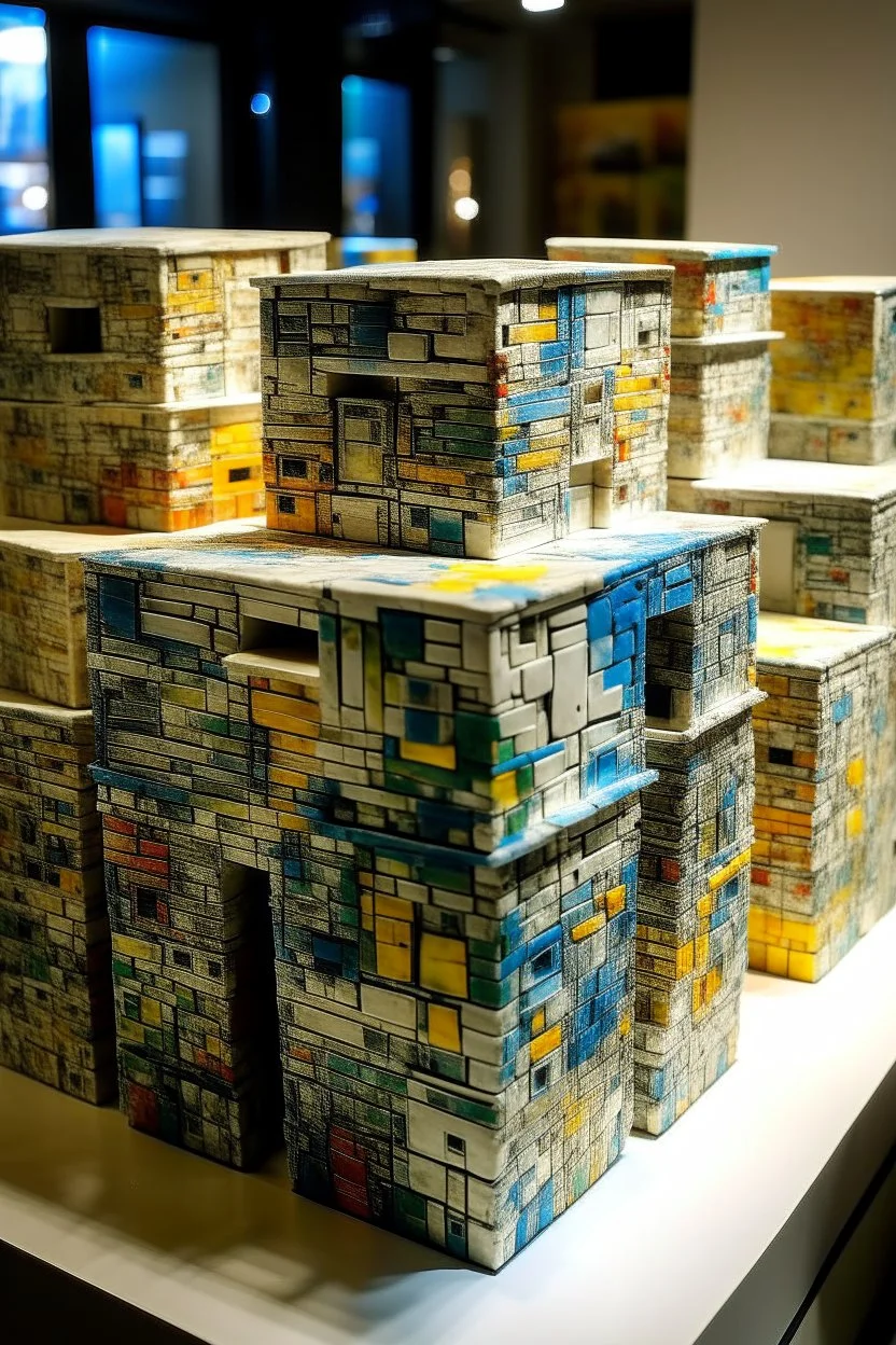A white city made out of speaker boxes painted by Vincent van Gogh