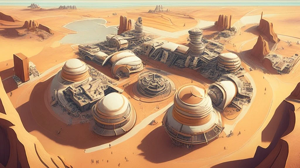 desert city from above, wind generators, retro futuristic, comic style