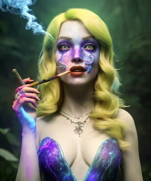 Ultra realistic wonderland photo, happy blonde woman smoking a shisha, perfect iris, glow eyes, blue dress, big purple-cat friend, circus dress style, old school tattoo, smoke, marijuana garden, glow eyes, perfect iris, soft color, highly detailed, unreal engine 5, cinematic, ultra detail, volumetric lighting, high definition.