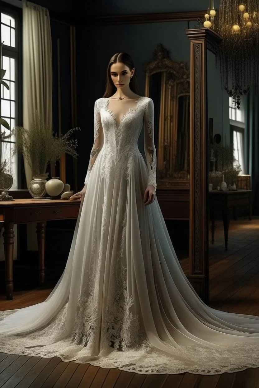 A luxurious wedding dress that is naked on the top, very long on the bottom, and decorated with lace and silk at the bottom.