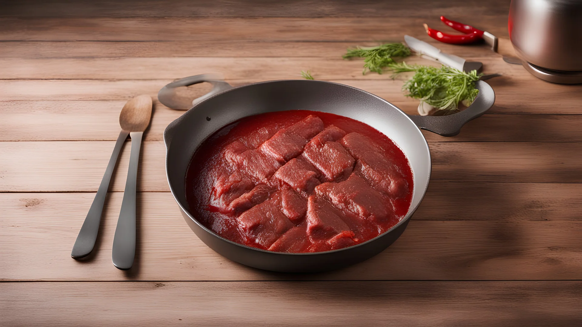 red beef pan on a wooden surface in the kitchen