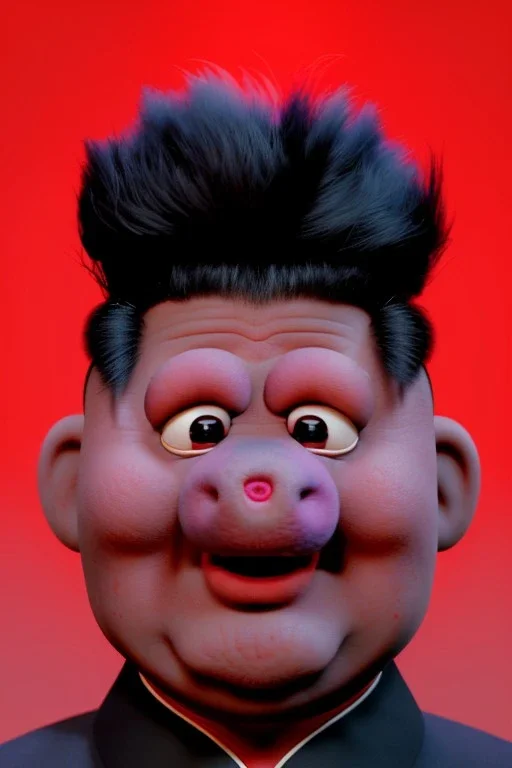 Waist up muppet Portrait, Kim Jong-un muppet doll, black suit, photo studio, red background, unreal engine 5, concept art, art station, god lights, ray tracing, RTX, lumen lighting, ultra detail, volumetric lighting, 3d.