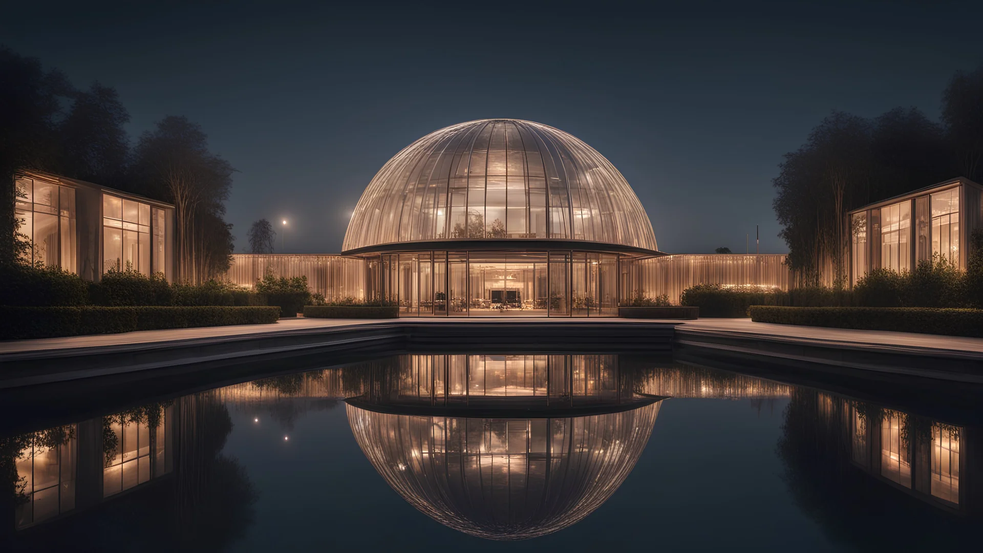 Style Renzo Piano, night, darkness, relaxation, luxury, dream world, calm beauty, symmetry, fantasy world, magic, beautiful composition, exquisite detail, 135mm lens