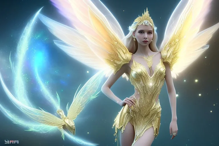  beautiful cosmic fairy, long hair, golden skin, nice smiling, transparent wings, magic glamour make up, delicate colors, beautiful glamour galactique dress, ultra sharp focus, 8k, unreal engine 5, extremely sharp detail, light effect, soft light atmosphere of a spaceship, smooth, full of details, face in front, complete vision of face and hair and body