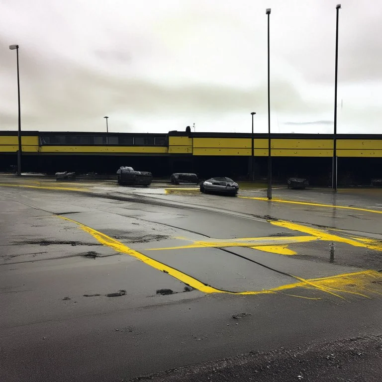 Minimal abstract oil paintings desolate 1960s carpark concrete fragments. Yellow road markings. style of Justin Mortimer and Francis Bacon.