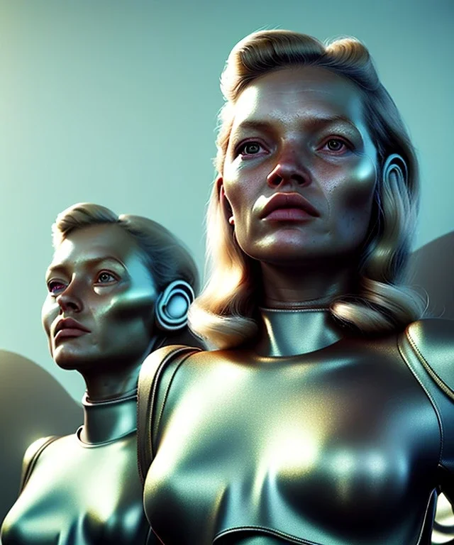 Ultra Realistic retro sci-fi movie scene, waist up view portrait, 3 clones blonde women, sweet young Kate moss face, perfect iris, glow eyes, face makeup. Mars and martians background, Retro sci-fi style, helmet, tight latex coat, fog, rain, soft color, highly detailed, unreal engine 5, ray tracing, RTX, lumen lighting, ultra detail, volumetric lighting, 3d, finely drawn, high definition, high resolution.