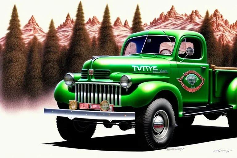 a true-to-life 1946 Dodge Power Wagon, classic wheels, centered, intricate, extreme detailed, photorealism, center view, city background, pivot on dodge, pen and color marker painting by cheryl kelley