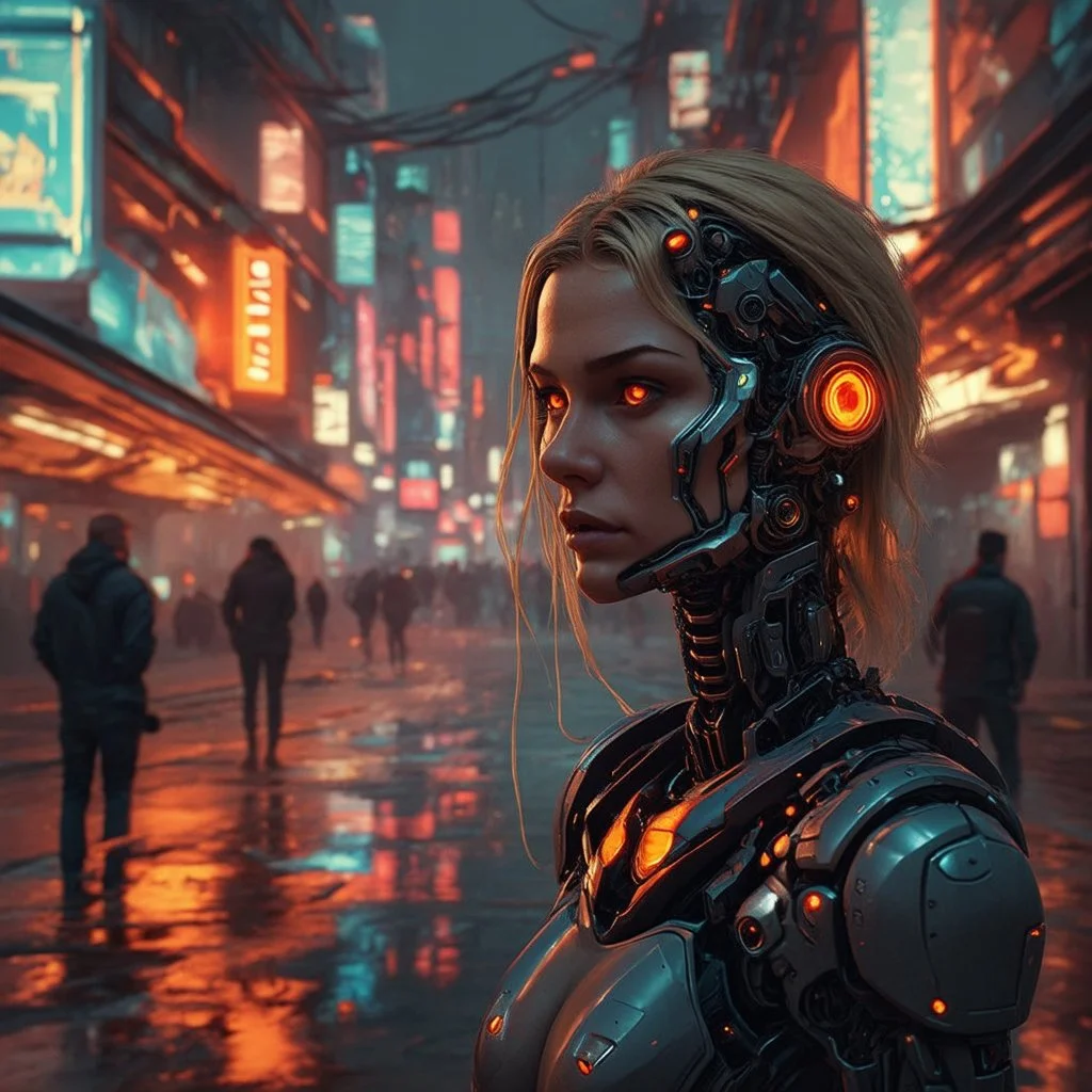 a woman with a robot chest and neck, blonde hair, cyberpunk city, futuristic, digital art, stylised